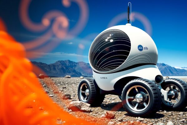 A futuristic rover set in a mountainous landscape with a vibrant blue sky, showcasing advanced technology and exploration potential.