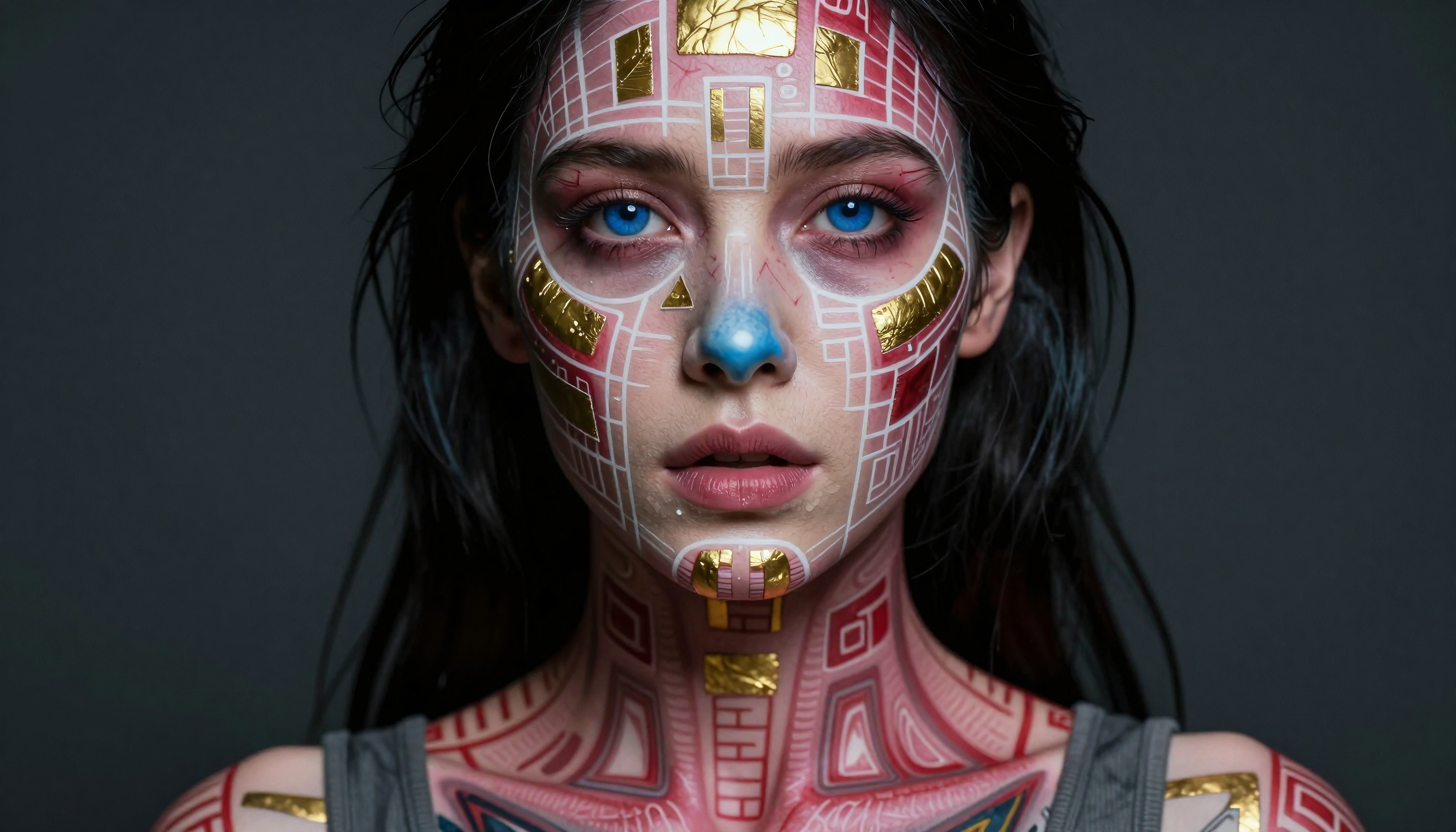 Face Painting with Geometric Red and Gold Patterns