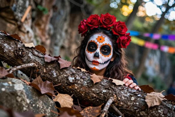 A woman with Día de los Muertos face paint and a red rose crown peeks through branches adorned with autumn leaves, set against a festive background.