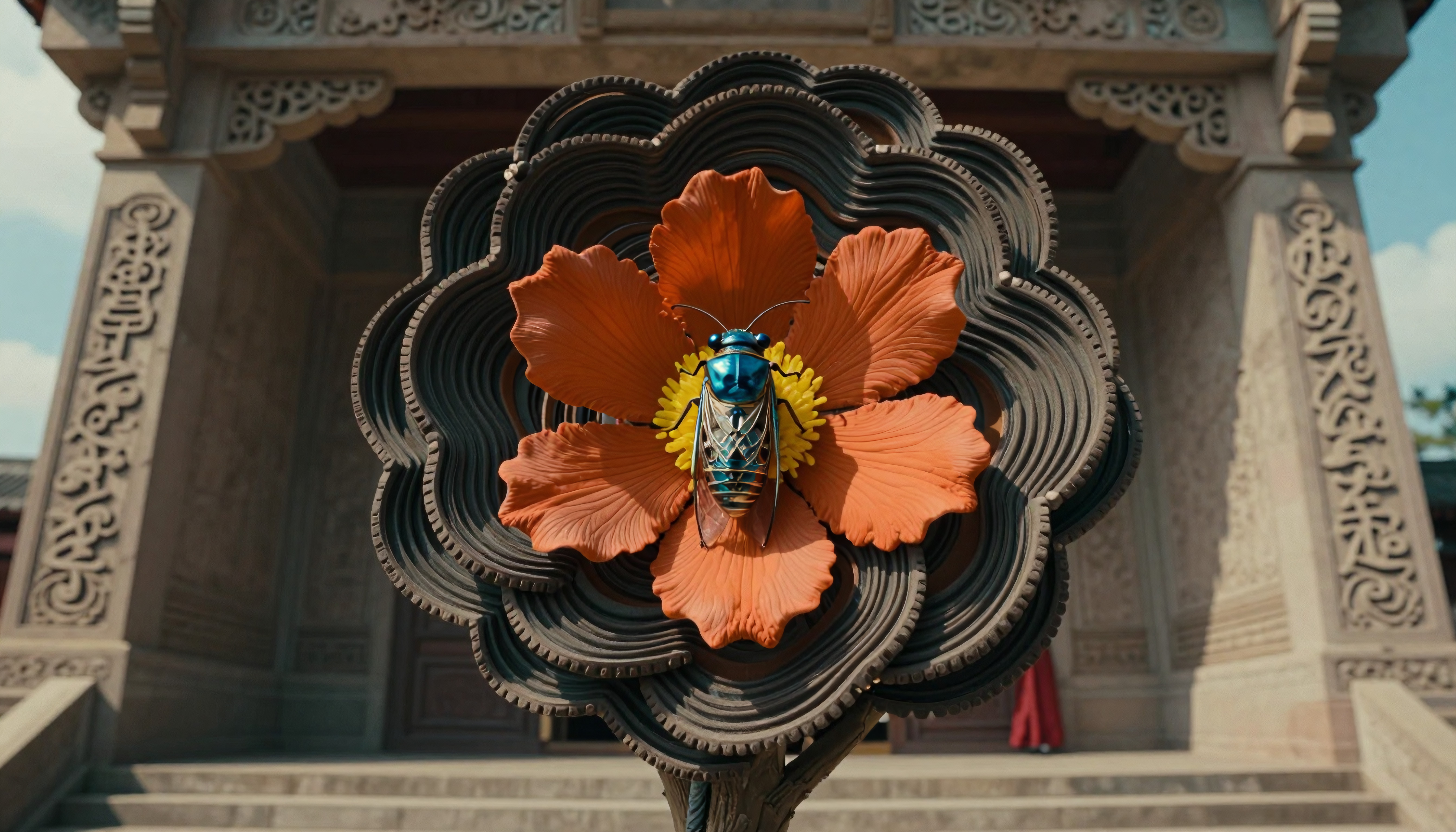 Artistic Stylized Flower with Blue Insect