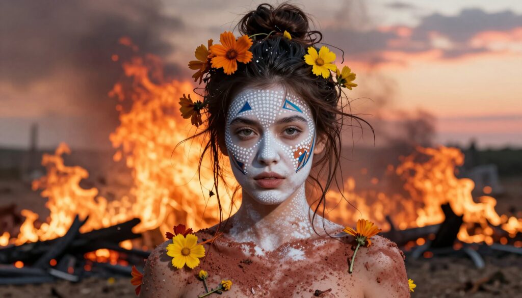 Woman with Floral Crown and Face Paint Against Wildfire Sunset