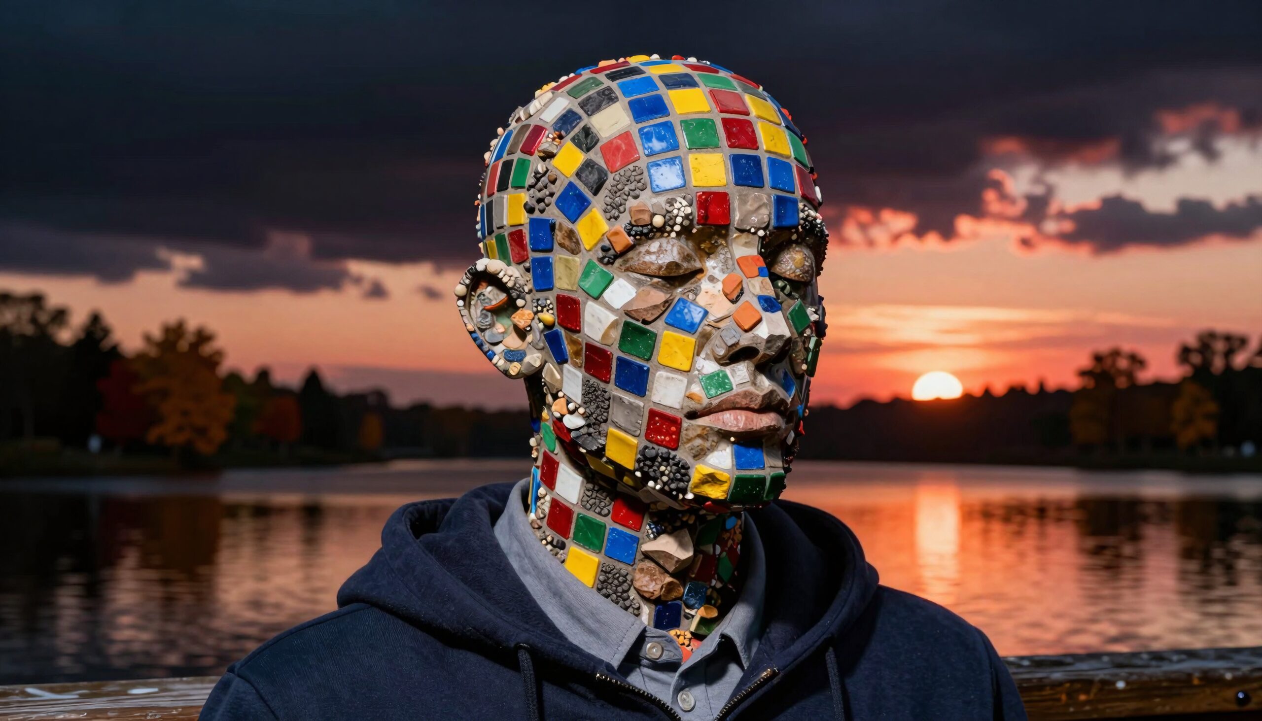 Mosaic Figure at Scenic Sunset