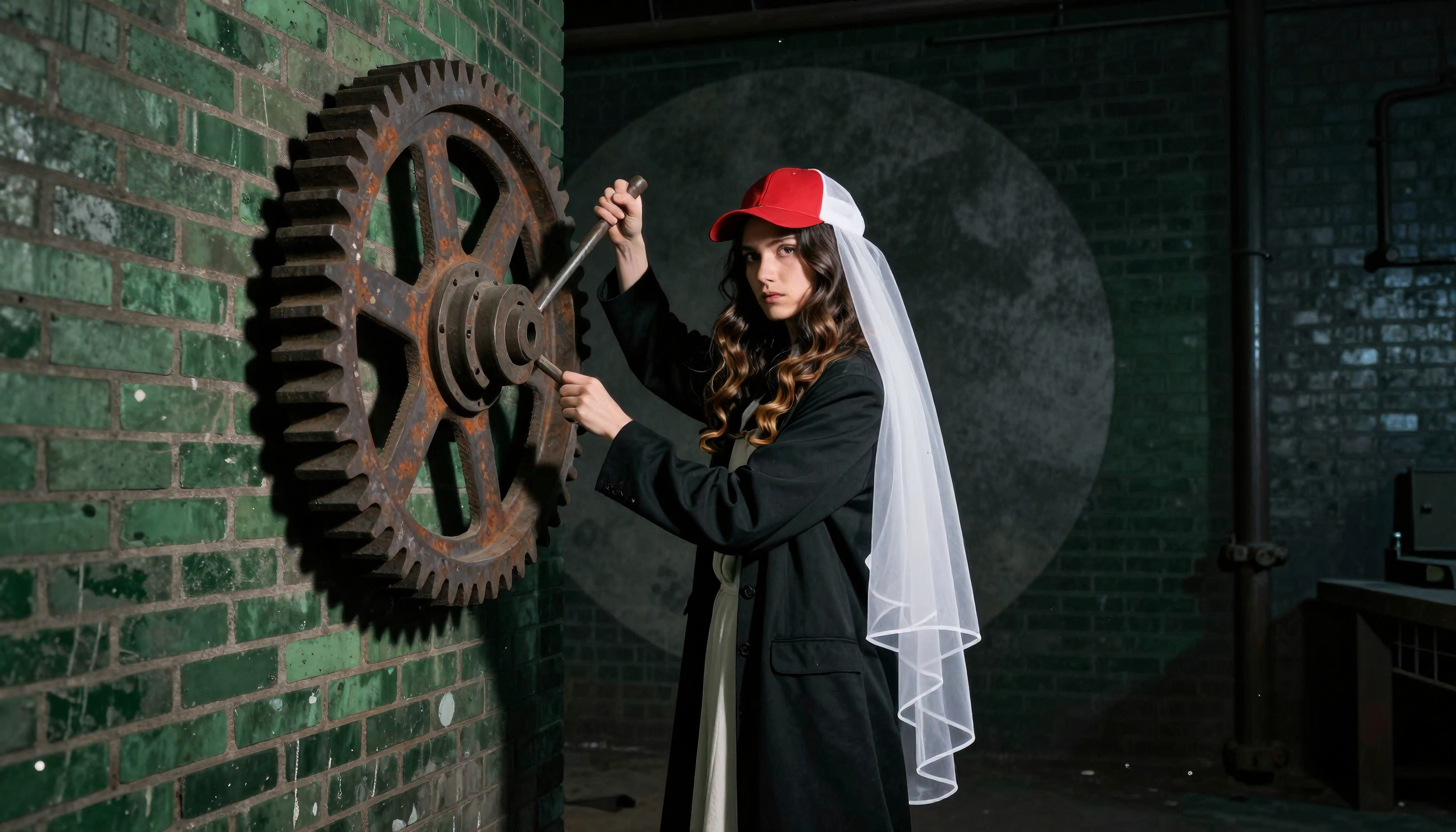 Woman with Red Cap and Veil Adjusting Gear