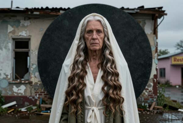 An elderly woman stands solemnly in front of a dilapidated building with flowing silver hair and a white veil, exuding a serene, ethereal presence.