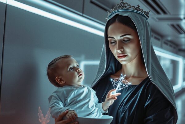 A serene woman with a glowing symbol holds a child in a modern, ethereal setting, evoking spiritual and futuristic themes.