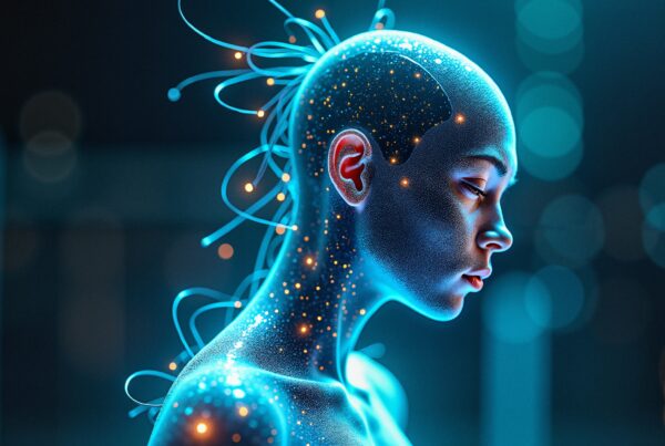A futuristic blue cybernetic human with glowing elements.