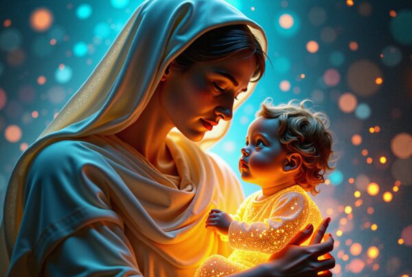 A woman lovingly gazes at a glowing child in her arms, surrounded by soft, warm lights.