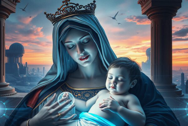 A crowned woman cradles a child amidst a futuristic sunset.