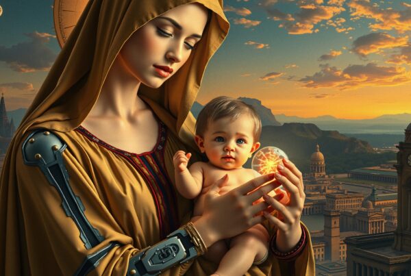 A futuristic portrayal of a serene woman holding a child with a glowing orb, set against a classical cityscape in a sunset.