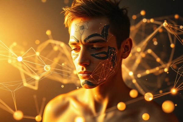 A futuristic portrait of a person with geometric face paint and digital network overlay, bathed in warm golden light.
