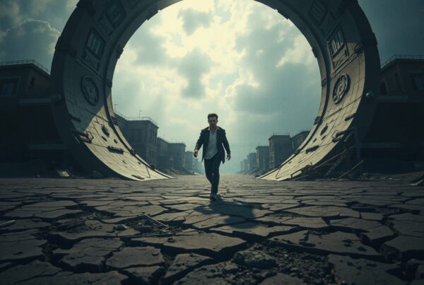 A man walks in a surreal, apocalyptic landscape with a large circular structure and cracked ground.