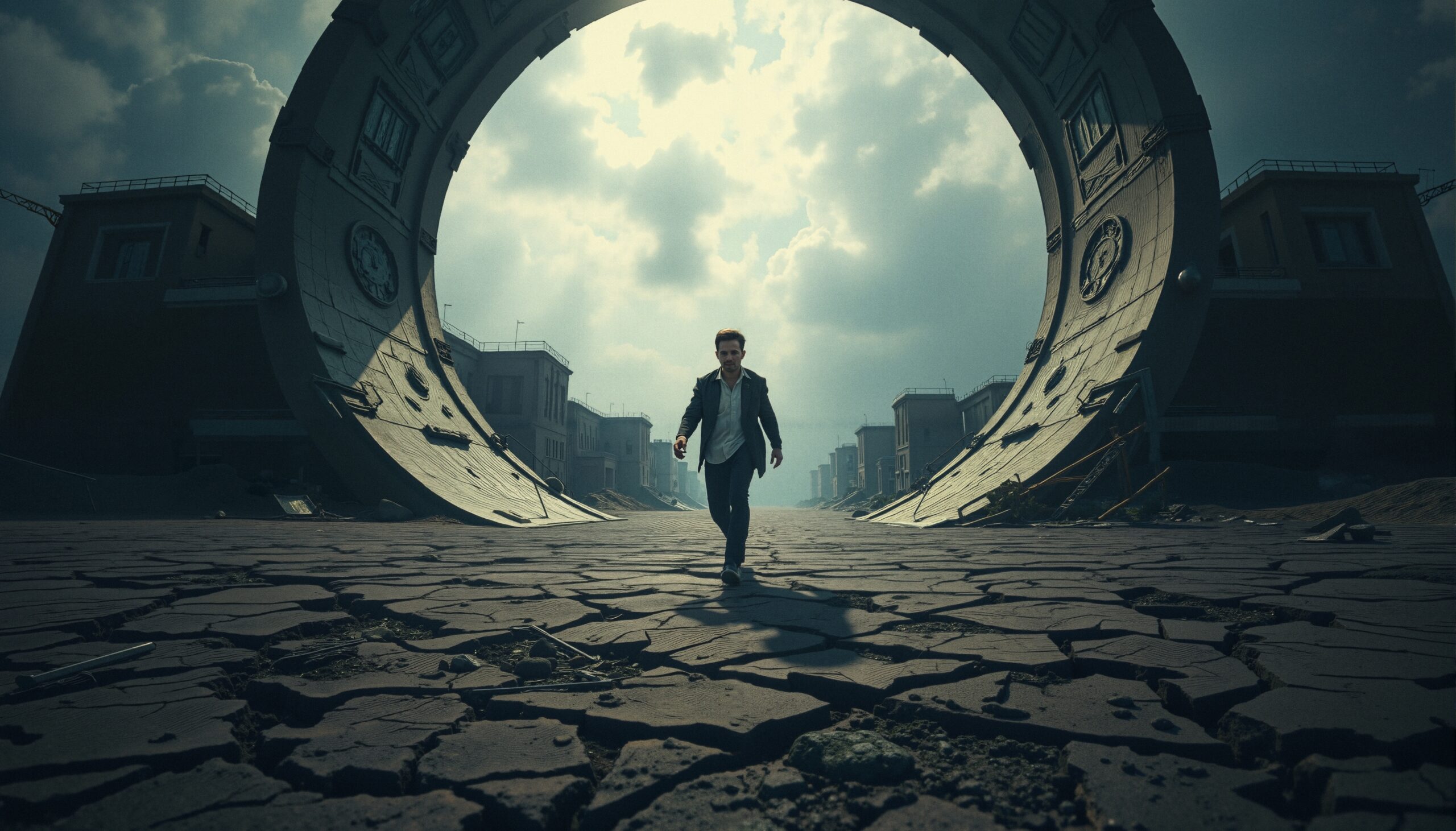 Man walking through surreal landscape