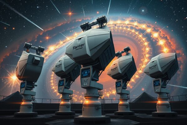 A futuristic observatory with advanced telescopes against a glowing galaxy sky.