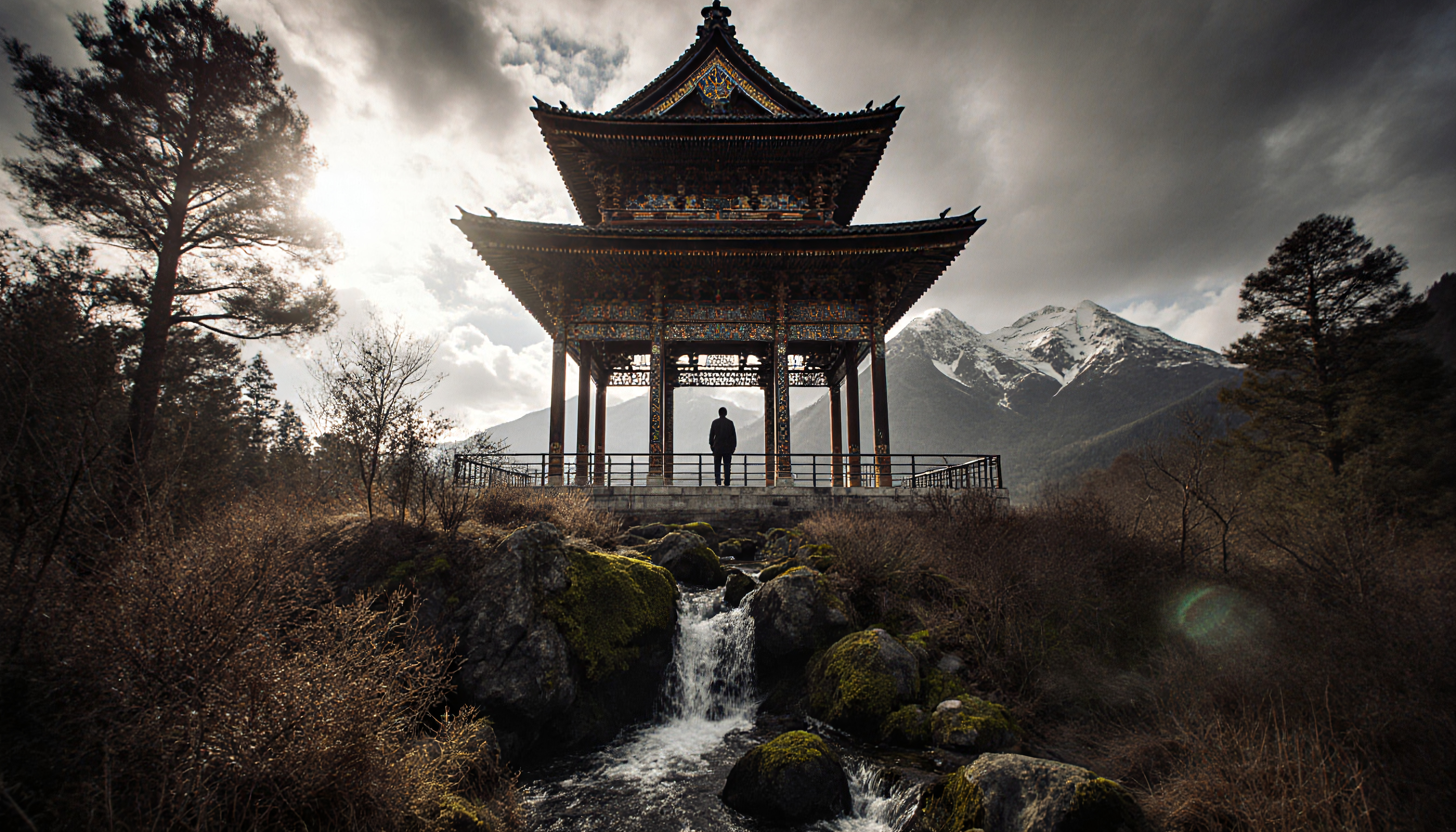 Silhouette of a Person at a Chinese Pavilion