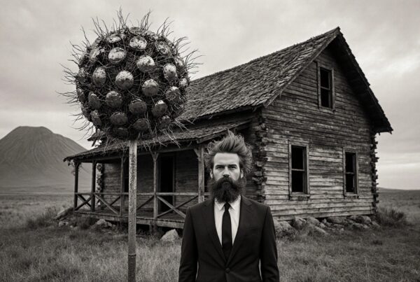 A bearded man in a suit stands before a rustic house with a unique spherical structure, under an overcast sky.