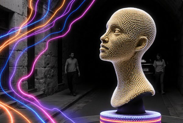 Futuristic sculpture in neon-lit alleyway.