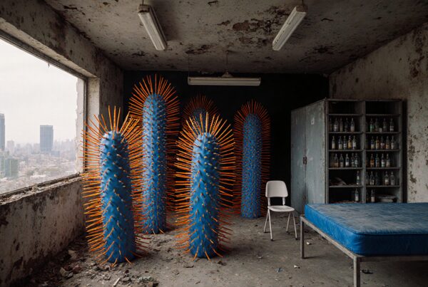 Surreal spiky sculptures in abandoned room against cityscape.