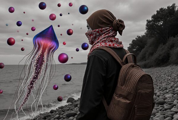 A person stands on a rocky shore with a surreal floating jellyfish.