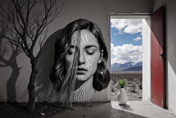 A monochrome portrait merges with a surreal landscape through an open doorway.