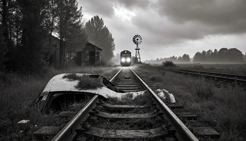 Desolate Railway Scene with Approaching Train and Abandoned Farm