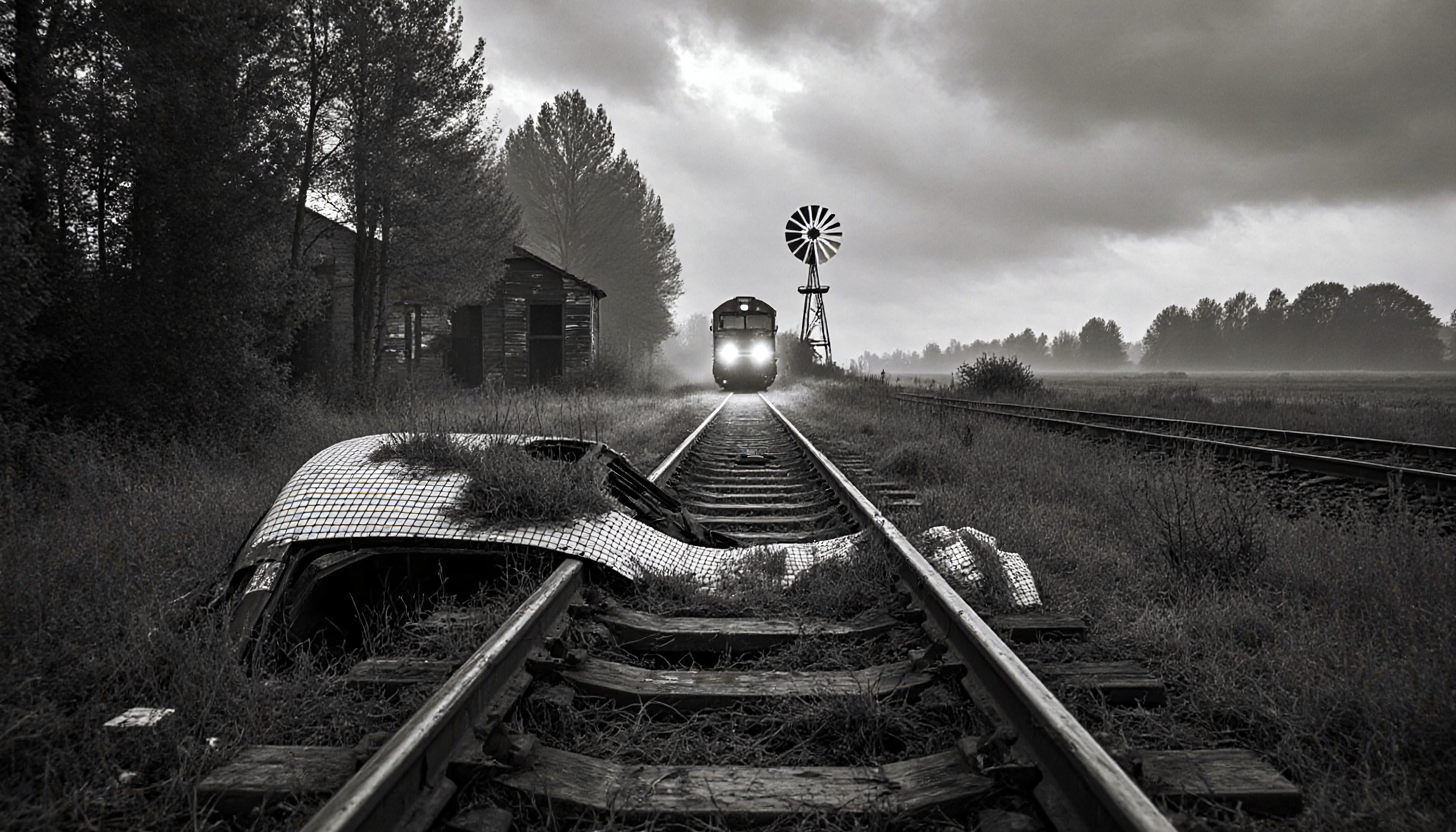 Desolate Railway Scene with Approaching Train