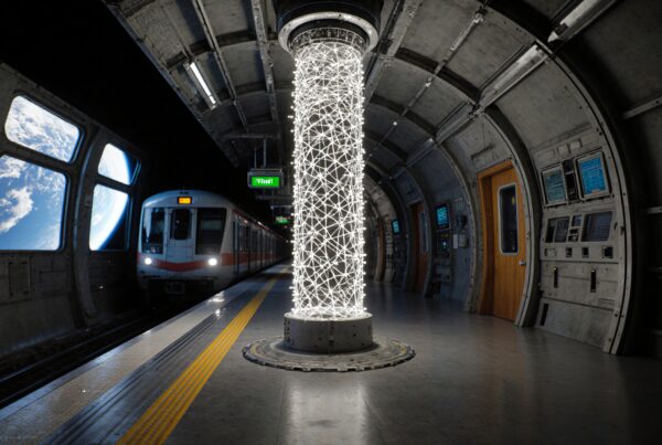 Futuristic subway platform with Earth viewed through large windows.