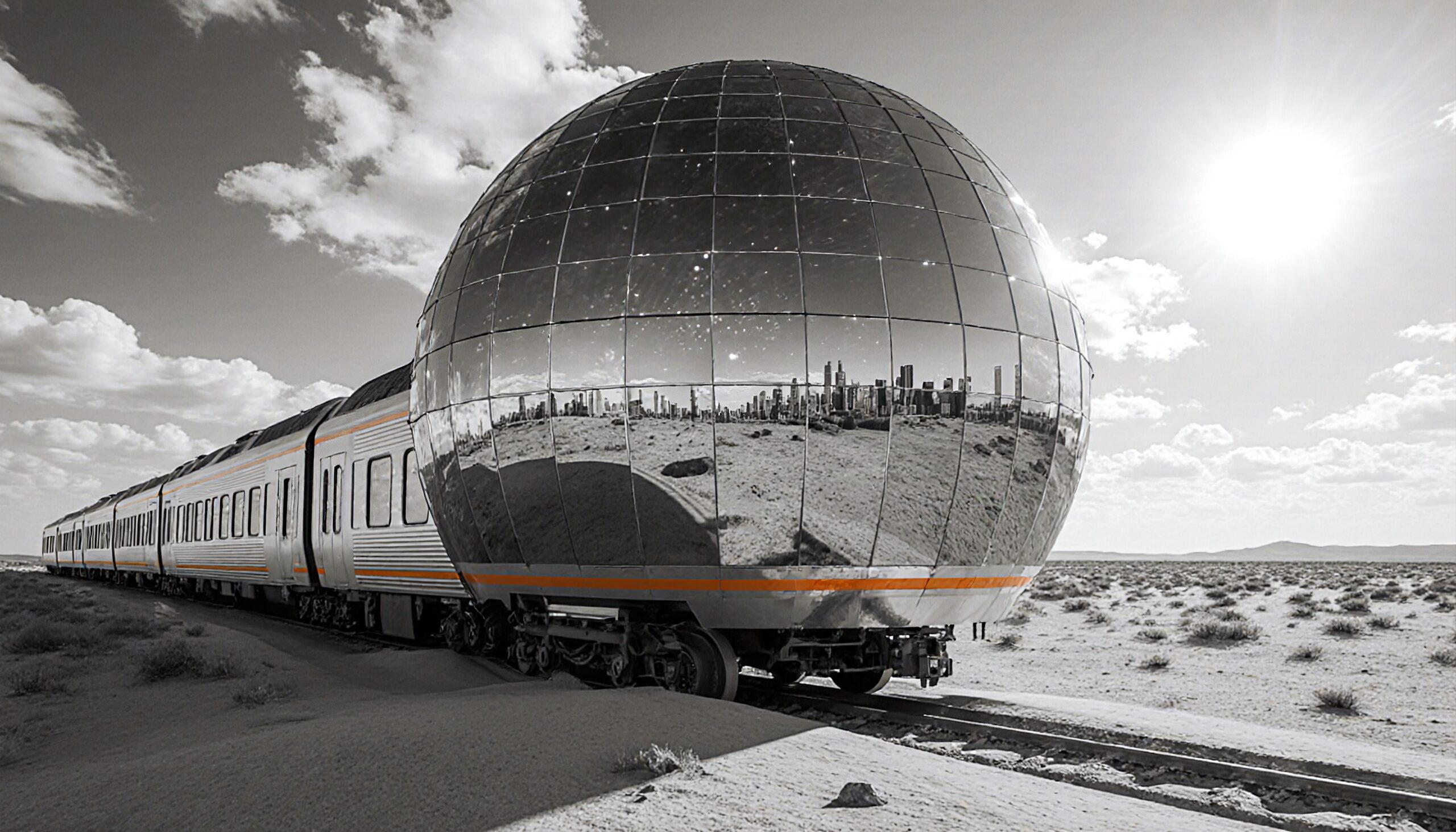 Mirror Sphere Train Through Desert