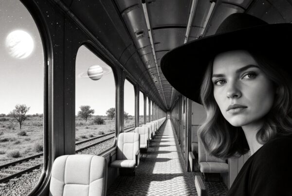 Woman in hat stares calmly aboard surreal cosmic train passing planets outside windows