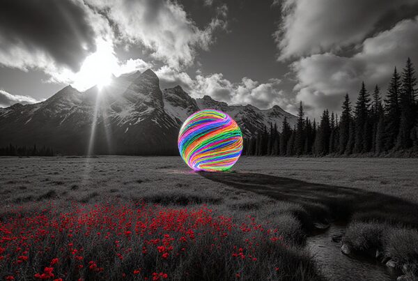A multicolored sphere floats in a black and white mountain landscape with red flowers.