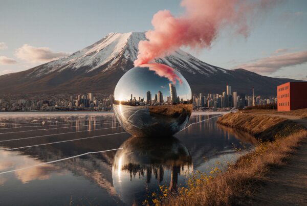 Reflective sphere with city reflection against mountain backdrop.