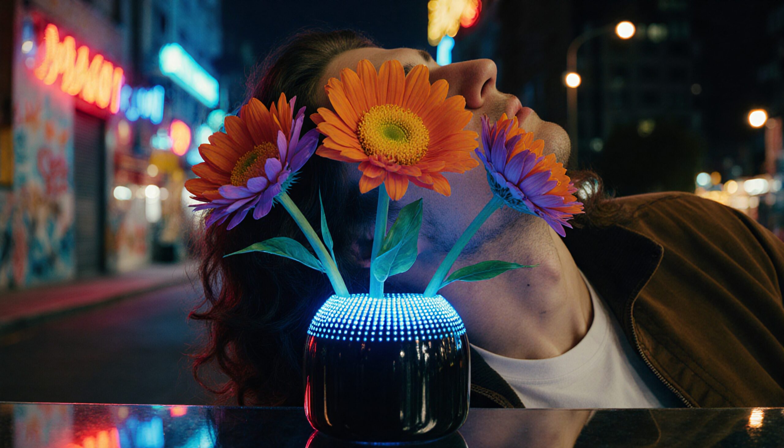 Urban Reflections with Vibrant Flowers