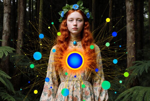 A red-haired woman in a floral dress stands in a forest with a radiant geometric pattern.