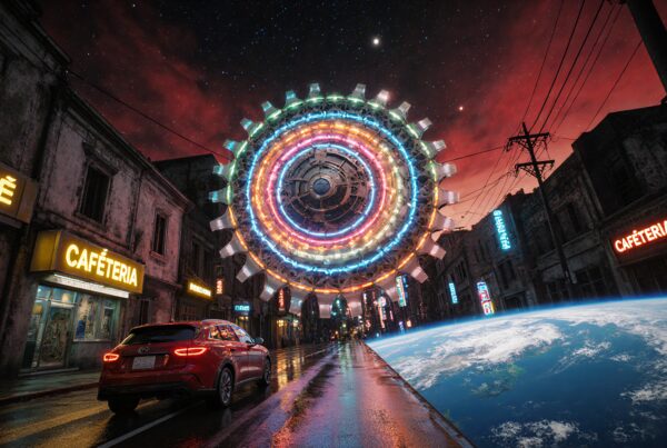 A futuristic urban scene with colorful hovering lights and a visible Earth backdrop.