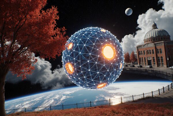 Futuristic glowing sphere above Earth with classical architecture.