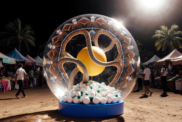 Intricate sculpture inside a transparent sphere amidst bustling night market.