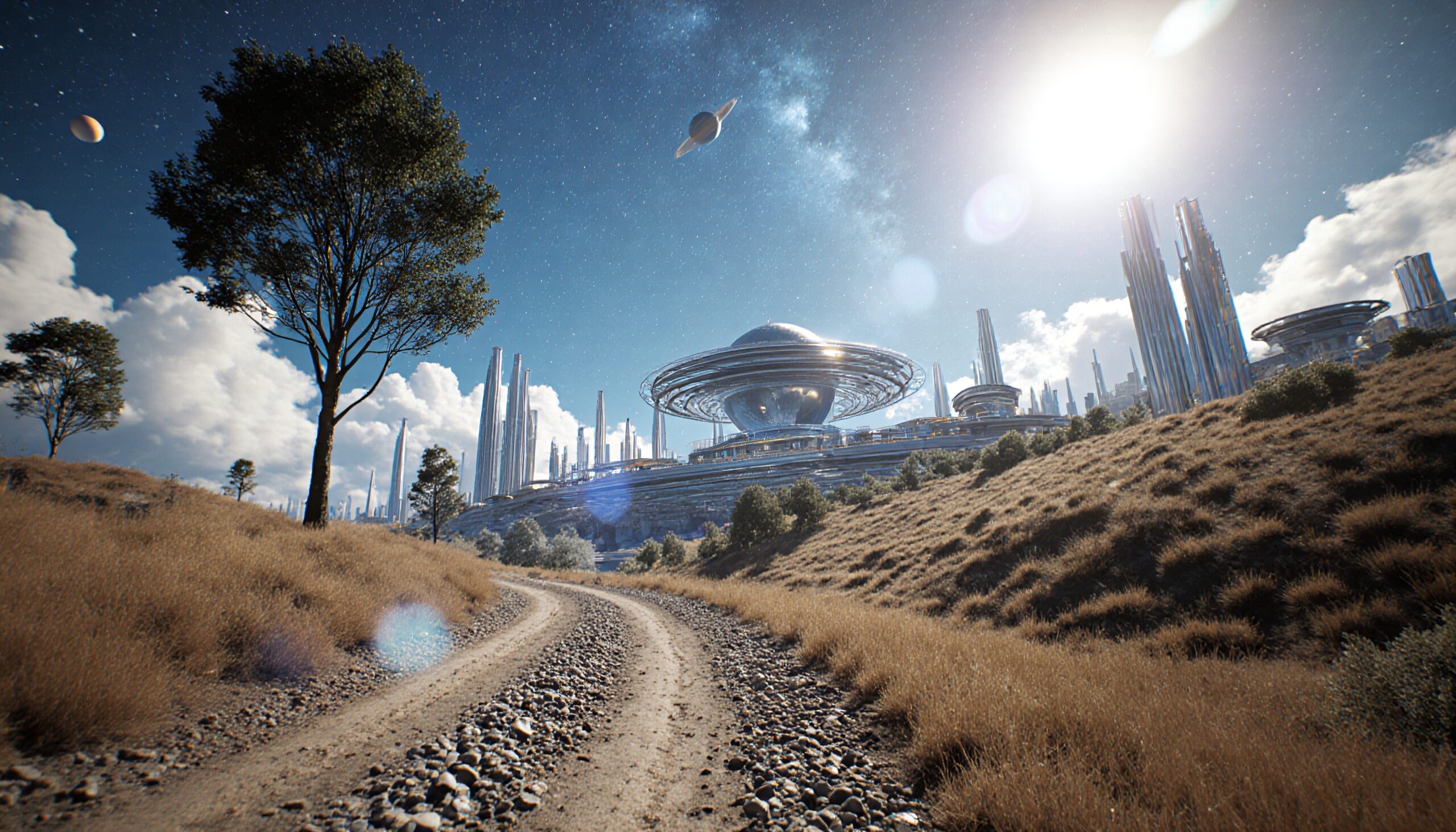 Futuristic City Under Cosmic Skies