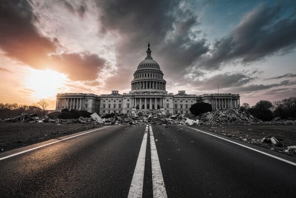 The U.S. Capitol stands amid rubble and destruction, highlighted by a dramatic sunset sky.