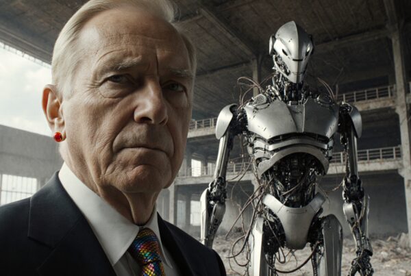 An elderly man in a suit stands before a humanoid robot in an abandoned warehouse, juxtaposing humanity and advanced technology.