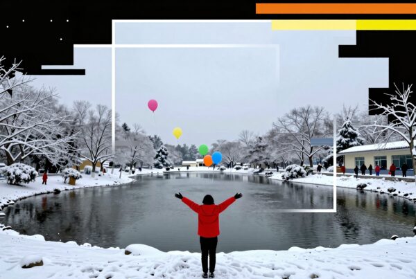 A person in a red jacket stands by a snowy lake with colorful balloons and a geometric art overlay in a winter landscape.