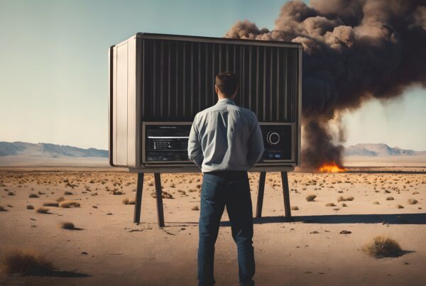 A man stands before a futuristic console in a desert with an explosion in the distance.