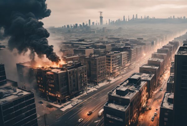 A cityscape with a burning building emitting black smoke, amid an urban backdrop.