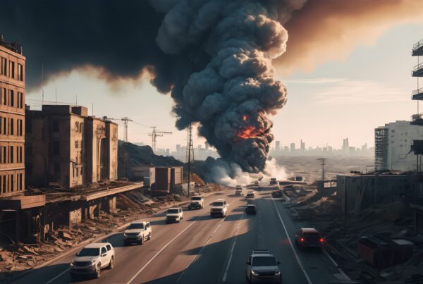Dramatic urban disaster scene with smoky explosion and traffic.