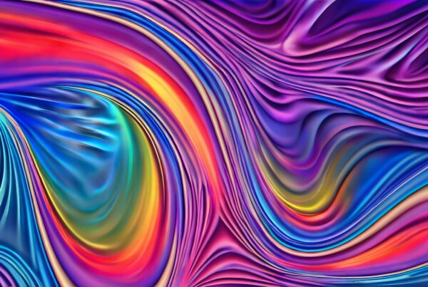 A vibrant abstract design with flowing lines and a colorful gradient, featuring purple, blue, pink, yellow, and orange.