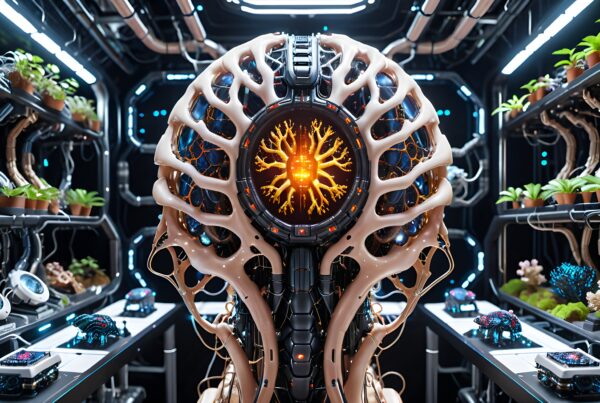 A futuristic laboratory blends organic structures with high-tech machinery.