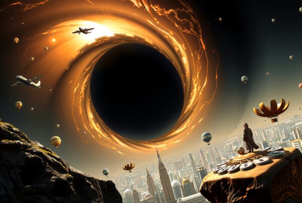 A surreal cityscape featuring a massive black hole with swirling energy, hot air balloons, airplanes, and a futuristic skyline.
