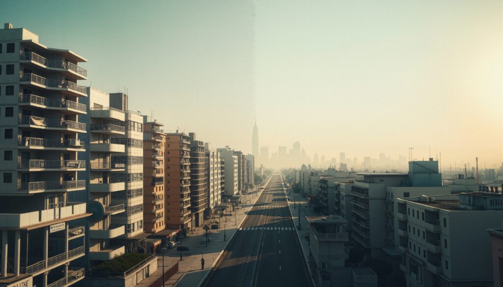 Urban Avenue with Mid-Rise Residential Towers and Distant Skyscr