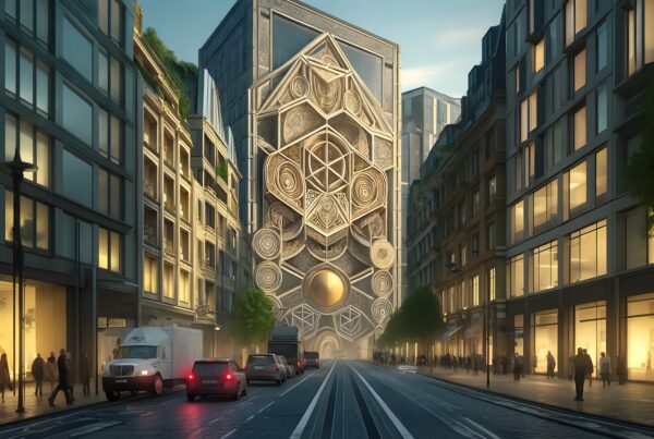 A bustling urban street showcases a futuristic building with a geometric faҫade and golden sphere.