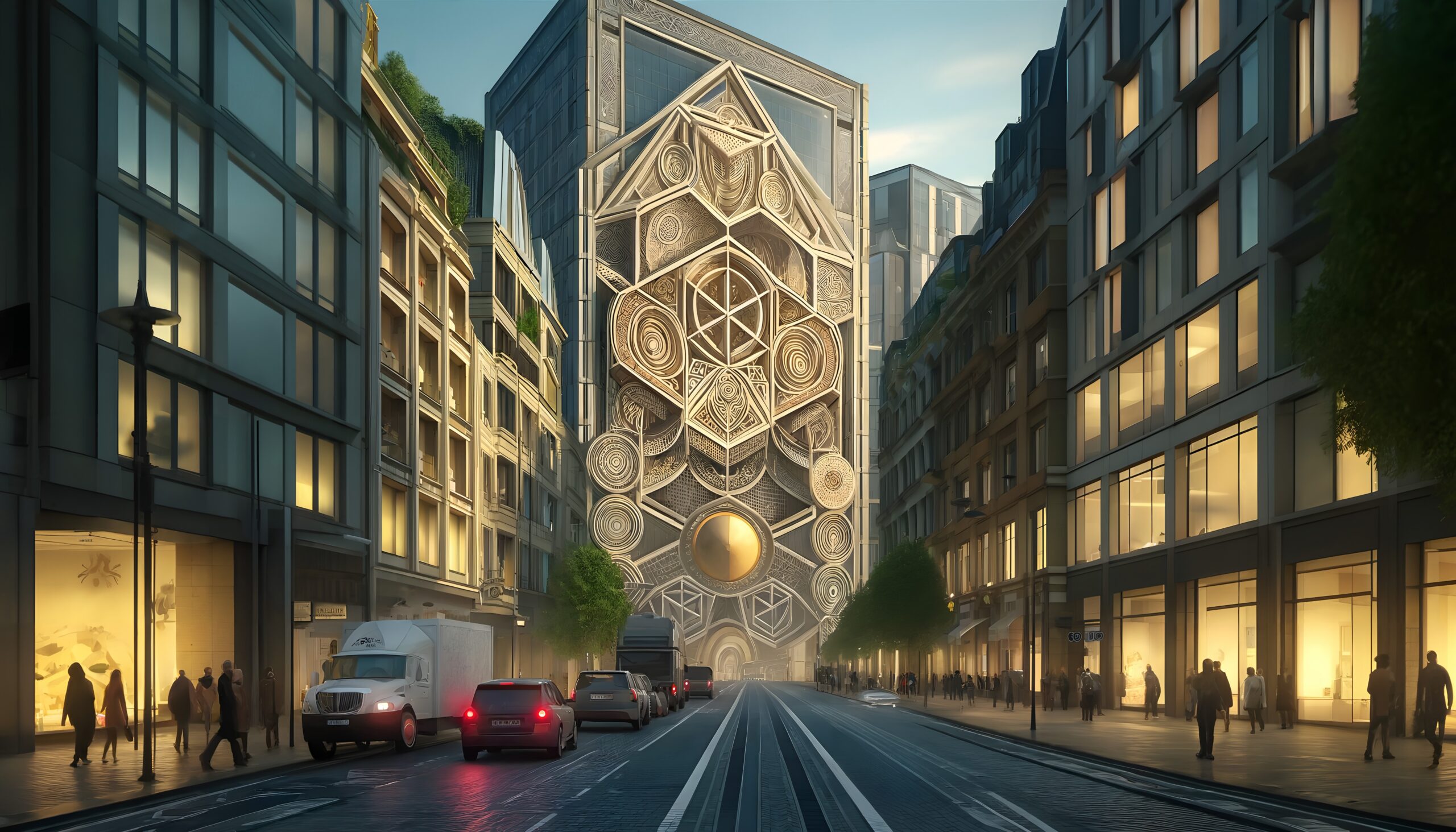 Futuristic Street with Geometric Building