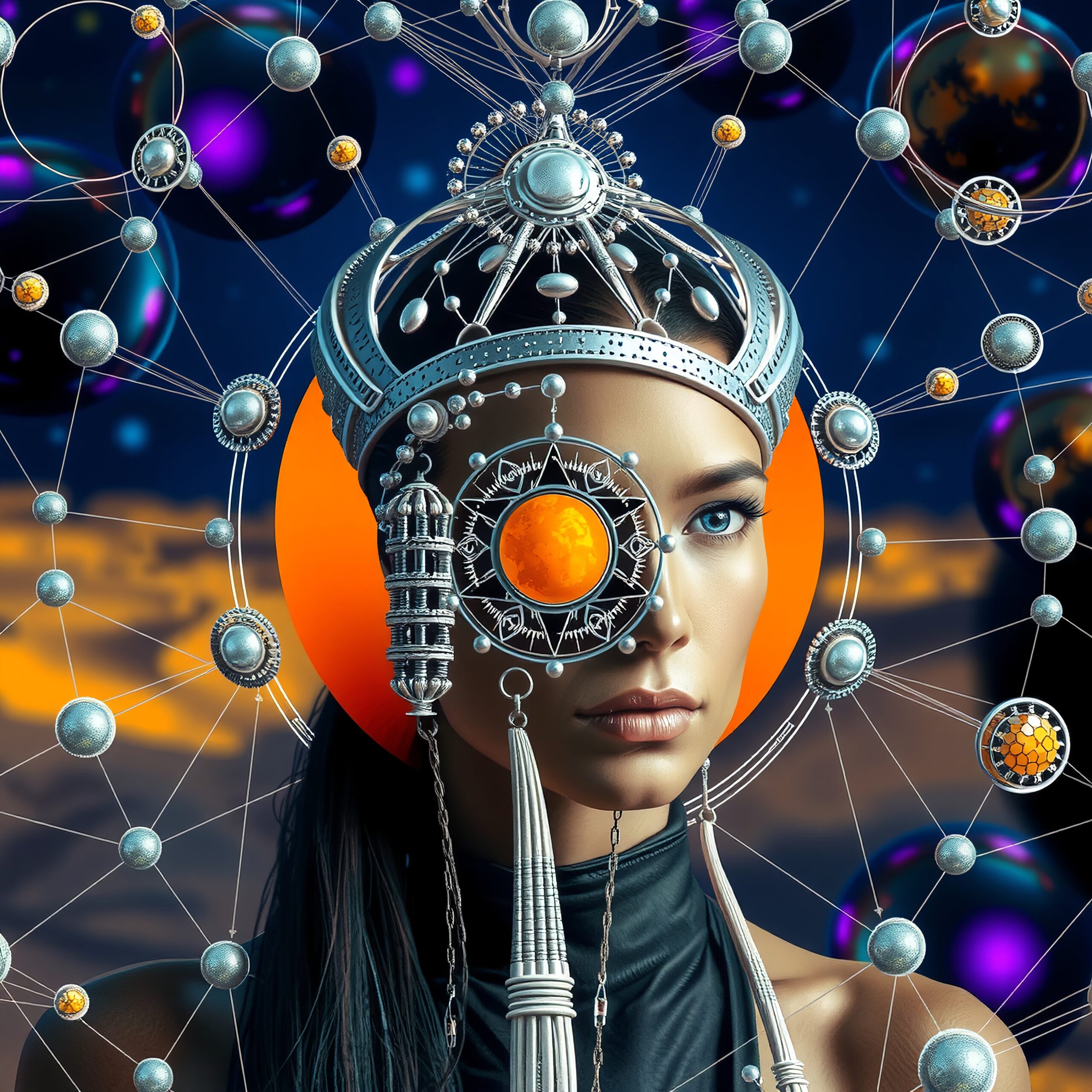 Celestial Woman in Futuristic Attire