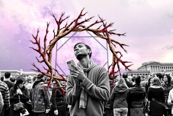Artistic rendition of a man surrounded by a crowd, set against a celestial sky with red branches framing him, expressing solitude and introspection.